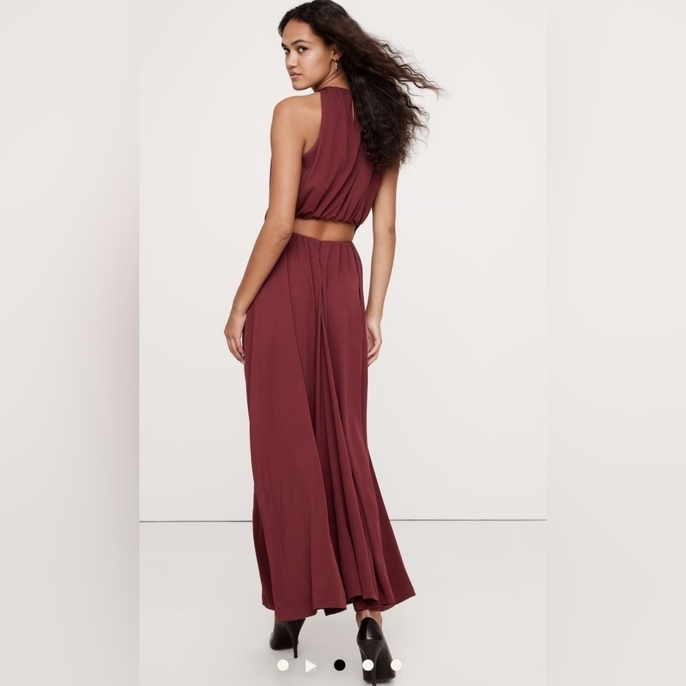 Banana Republic CREPE KNIT CUTOUT flare skirt Sleeveless lined MAXI DRESS Sz L